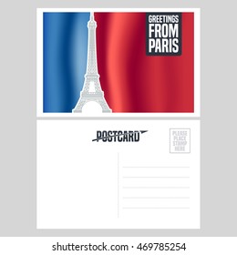 France, Paris vector postcard design with Eiffel tower and French flag. Template illustration, element, non-standard vacation postcard with copy space, mark, stamp and Greetings from Paris sign