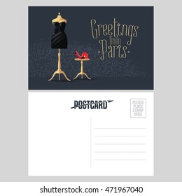 France, Paris vector postcard design with little black dress. Template illustration, element, nonstandard vacation postcard with copyspace and Greetings from Paris sign
