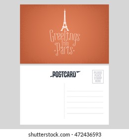 France, Paris vector postcard design with Eiffel tower. Template double side illustration, element, nonstandard mail postcard with blank copyspace, stamp and Greetings from Paris sign