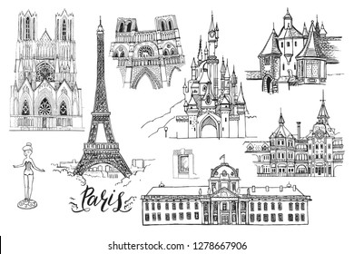 France. Paris. Vector sketch town. Hand drawn public and religious buildings (disneyland, Eiffel Tower, Notre-Dame de Paris, Ecole Militaire, Reims Cathedral ), lettering.