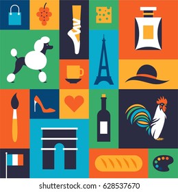 France, Paris, vector travel illustration, flat icon set, background. Shopping, dog poodle, ballet, coffee, cheese, perfume, brush, heart, wine, hat, rooster, flag, bread