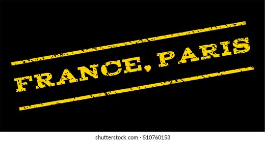 France Paris watermark stamp. Text caption between parallel lines with grunge design style. Rubber seal stamp with dirty texture. Vector yellow color ink imprint on a blue background.
