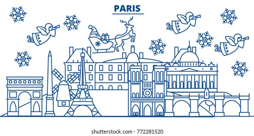 France, Paris winter city skyline. Merry Christmas, Happy New Year decorated banner with Santa Claus.Winter greeting line card.Flat, outline vector.Linear christmas snow illustration