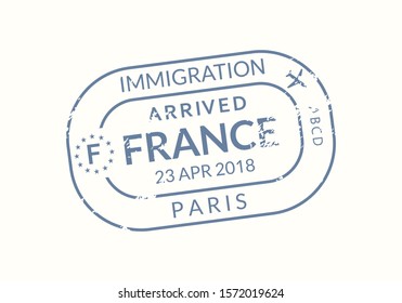 France Passport stamp. Visa stamp for travel. Paris international airport grunge sign. Immigration, arrival and departure symbol. Vector illustration.