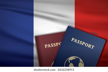 France Passports with France Flag Background	