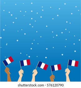 France, patriotic banner, French flags in their hands.