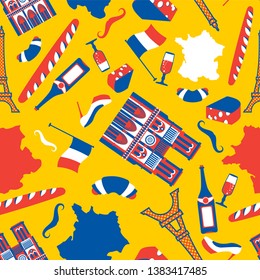 France pattern seamless. National French symbol background. Eiffel Tower and Notre Dame de Paris. Baguette and wine. Mustache and croissant