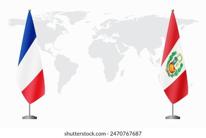 France and Peru flags for official meeting against background of world map.