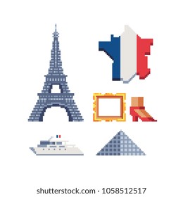 France pixel art icons set part 4, national French flag in the shape country, Eiffel Tower landmark and fashion symbols isolated vector illustration. Design for logo, sticker, mobile app, embroidery. 
