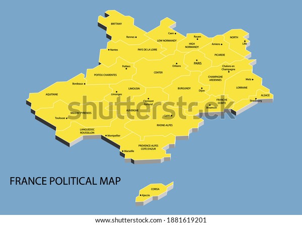 France political isometric\
map divide by state colorful outline simplicity style. Vector\
illustration.
