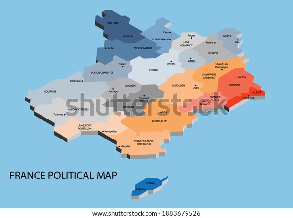 France political isometric\
map divide by state colorful outline simplicity style. Vector\
illustration.