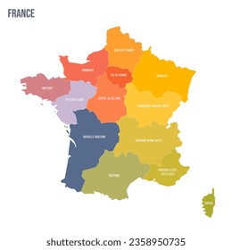 France political map of administrative divisions - regions. Colorful spectrum political map with labels and country name.