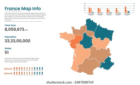 France political map of administrative divisions states, Colorful states in France map infographic, France Map Info, France Population.