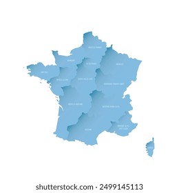 France political map of administrative divisions - regions. Shaded vector map with 3D-like blue gradient and name labels