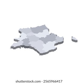 France political map of administrative divisions - regions. 3D isometric blank vector map in shades of grey.