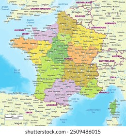 France political map with capital , cities, towns, national borders, rivers and lakes. labeling