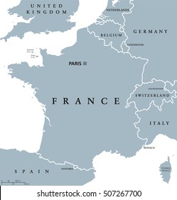 France political map with capital Paris, Corsica, national borders and neighbor countries. Gray illustration with English labeling and scaling on white background. Illustration.