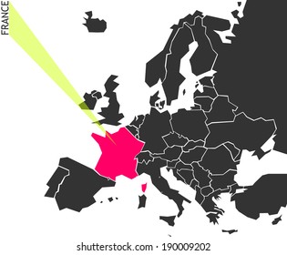 France - political map of Europe with marked state. Marker looks like ray of light. (vector illustration)