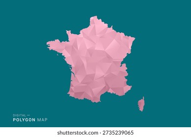 Ilustración vectorial de mapa de polígono de Francia en estilo geométrico de bajo poli, colores pastel suaves con tonos rosados y verdes azulados, silueta limpia sobre fondo sólido, ideal para infografía.