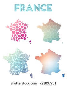 France polygonal map. Mosaic style maps collection. Bright abstract tessellation, geometric, low poly, modern design. France polygonal maps for infographics or presentation.