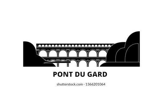 France, Pont Du Gard  flat travel skyline set. France, Pont Du Gard  black city vector illustration, symbol, travel sights, landmarks.