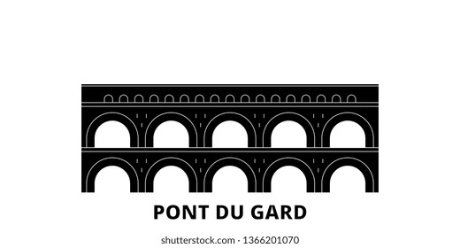 France, Pont Du Gard Landmark flat travel skyline set. France, Pont Du Gard Landmark black city vector illustration, symbol, travel sights, landmarks.