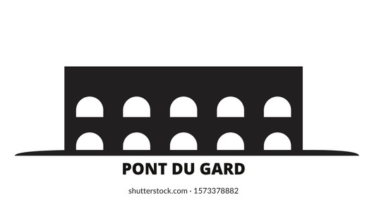 France, Pont Du Gard Landmark city skyline isolated vector illustration. France, Pont Du Gard Landmark travel black cityscape