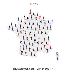 France population map. Large group of realistic a diverse crowd of people figures in a shape of French map. Flat vector illustration isolated on white.