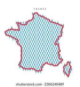 France population map. Stick figures French people map with bold red translucent country border. Pattern of men and women icons. Isolated vector illustration. Editable stroke.