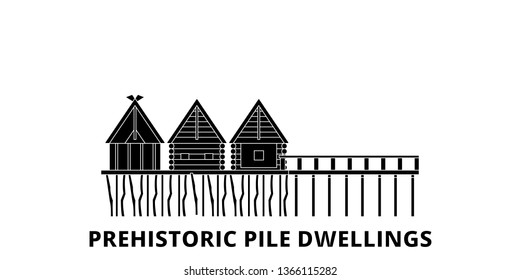 France, Prehistoric Pile Dwellings Around The Alps Landmark flat travel skyline set. France, Prehistoric Pile Dwellings Around The Alps Landmark black city vector illustration, symbol, travel sights