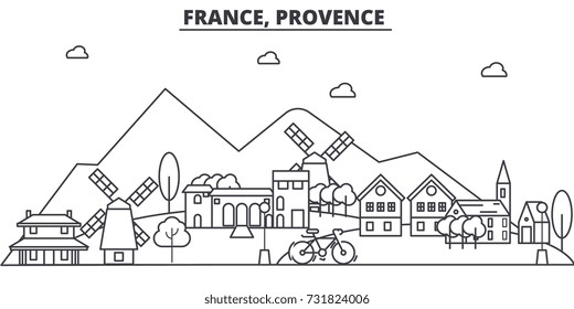 France, Provence architecture line skyline illustration. Linear vector cityscape with famous landmarks, city sights, design icons. Landscape wtih editable strokes