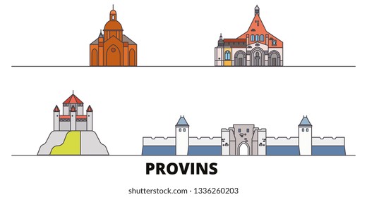 France, Provins flat landmarks vector illustration. France, Provins line city with famous travel sights, skyline, design. 