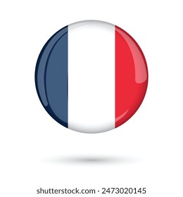 France realistic 3d glossy round flag with shiny effect. France flag colors red blue white original colors flag. National flag of France in round shape, great amazing elegant look