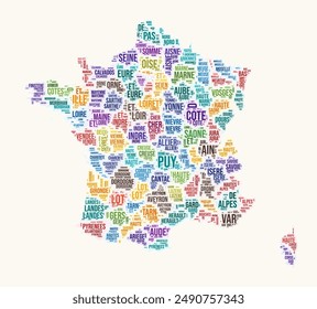 France regions word cloud. Country logo design. Regions typography style vector image. France colored text cloud. Elegant vector illustration.