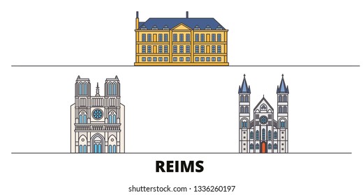 France, Reims flat landmarks vector illustration. France, Reims line city with famous travel sights, skyline, design. 