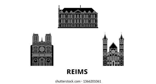 France, Reims flat travel skyline set. France, Reims black city vector illustration, symbol, travel sights, landmarks.