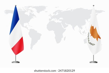 France and Republic of Cyprus flags for official meeting against background of world map.