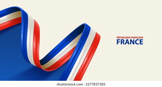 France ribbon flag. Bent waving ribbon in colors of the France national flag. National flag background.