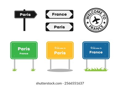 France road signs set. Welcome to France, label or sticker. Paris city entering signpost. Billboard on the road. Vector illustration