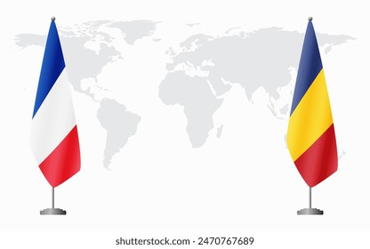 France and Romania flags for official meeting against background of world map.