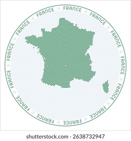 France round logo design. Country shape built of rings. France text around the country. Vector illustration.