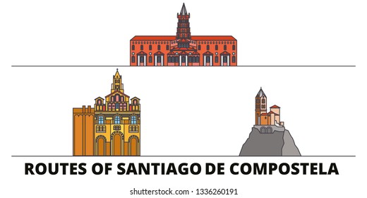 France, Routes Of Santiago De Compostela flat landmarks vector illustration. France, Routes Of Santiago De Compostela line city with famous travel sights, skyline, design. 