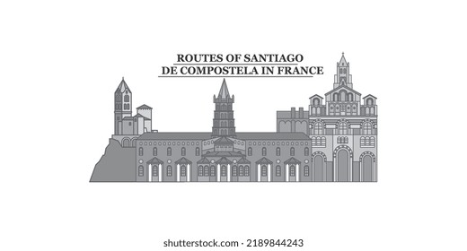 France, Routes Of Santiago De Compostela city skyline isolated vector illustration, icons