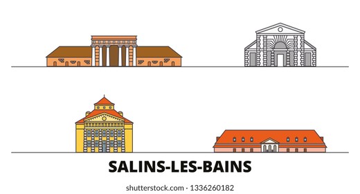 France, Salins Les Bains flat landmarks vector illustration. France, Salins Les Bains line city with famous travel sights, skyline, design. 