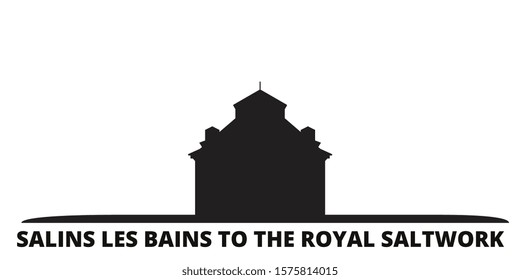 France, Salins Les Bains To The Royal Saltwork Landmark city skyline isolated vector illustration. France, Salins Les Bains To The Royal Saltwork Landmark travel black cityscape