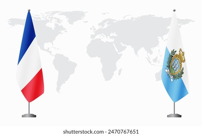 France and San Marino flags for official meeting against background of world map.