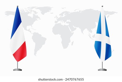 France and Scotland flags for official meeting against background of world map.