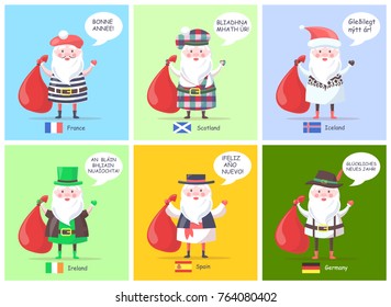 France and Scotland, Iceland and Ireland, set of Santa Clauses visual representations, translation of happy New Year and flags vector illustration