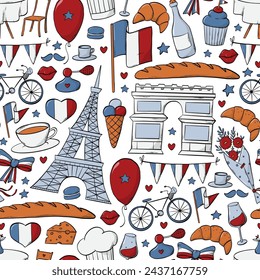 France seamless pattern with doodles for wallpaper, textile prints, wrapping paper, scrapbooking, backgrounds, etc. EPS 10