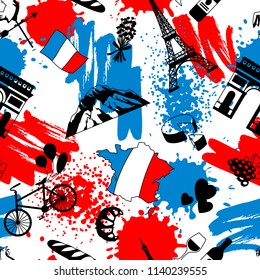 France seamless pattern. French traditional symbols and objects.